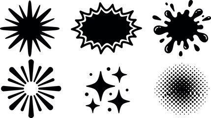 Plakat Flat vector starburst and splatter shapes set six icons black silhouettes halftone burst sparkle elements for graphic design print web