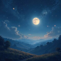 Fototapeta premium Full moon shines over rolling hills and valleys at night. Stars dot the dark blue sky above a calm landscape. Clouds drift slowly near moonlit horizon line.