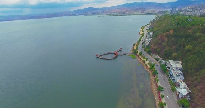 Dali City Aerial View with Erhai Lake and Mountain Landscape
