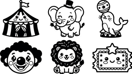 Fototapeta premium Kawaii line art circus icon set with smiling tent elephant seal clown and lion in simple black outline playful collection