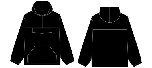 Anorak jacket. Unisex oversized coat with hood and front pocket. Vector technical sketch. Mockup template © Never Give up 