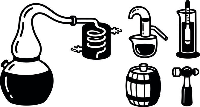 Line art close up distillery equipment set with alembic condenser coil hydrometer wooden barrel and tapping hammer on white background