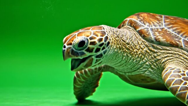 A close-up shot of a sea turtle swimming gracefully against a vibrant green background, showcasing its intricate shell patterns.