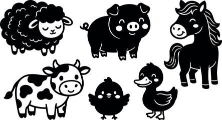 Fototapeta premium Flat design cute farm animal set smiling sheep pig cow horse duck chick in simple black vector illustration playful details