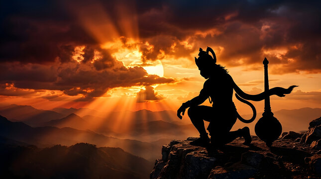 Lord hanuman's silhouette with gada kneels on a mountain at golden sunset, celebrating hanuman jayanti.