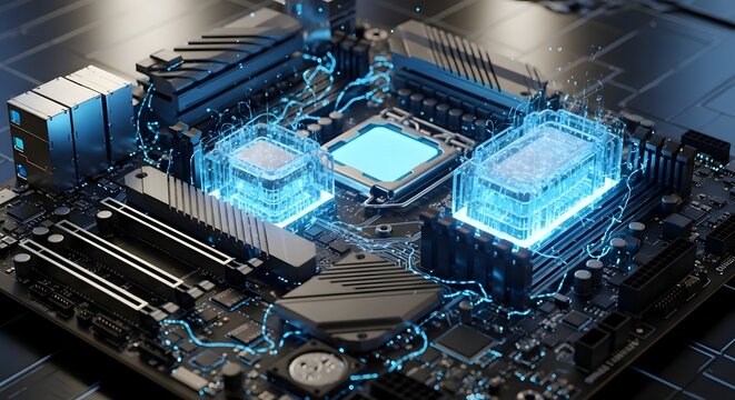 Detailed Close-Up of Computer Motherboard with Blue Highlighted Chipset and Sockets


