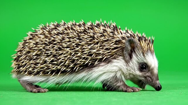 A small hedgehog with spiky quills and a white belly walks on a vibrant green background, showcasing its unique features.