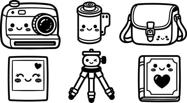 Cute kawaii line art camera and photography icons smiling polaroid film roll tripod camera bag and photo front view album