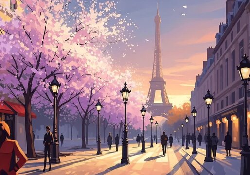 Romantic Paris street with cherry blossoms and Eiffel Tower at sunset