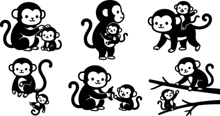 Fototapeta premium Flat design close up mother monkey grooming baby monkey seated on branch with baby waving smiling black silhouette vector playful