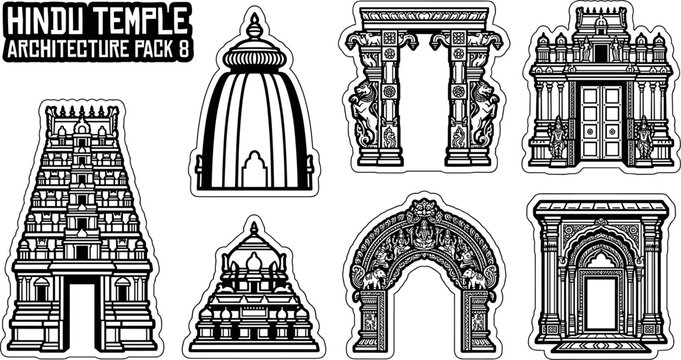 Hindu temple architectural elements sticker set with gopuram vector illustration