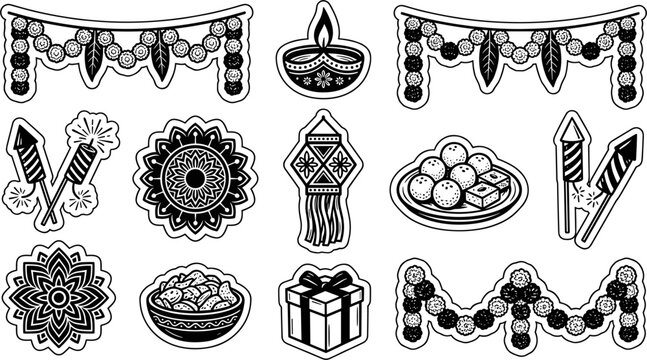 Black and white Diwali festival icons set with diya and firecrackers vector illustration