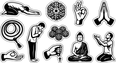 Collection of spiritual meditation and prayer icons with religious symbols vector illustration