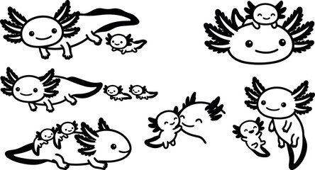 Obraz premium Cute line art axolotl family swimming with smiling parent and two small babies side view playful black white bold outline