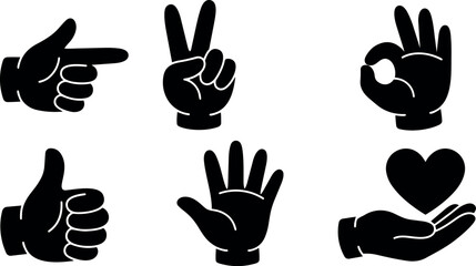 Fototapeta premium Flat design set of six black hand gesture icons showing pointing peace ok thumbs up open palm and heart symbol