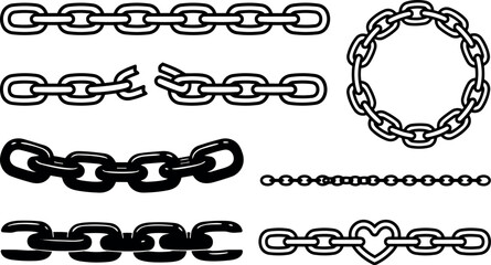 Obraz premium Line art chain icons set showing multiple chain links variations broken link heart linked circle bold outline straight curved closeup