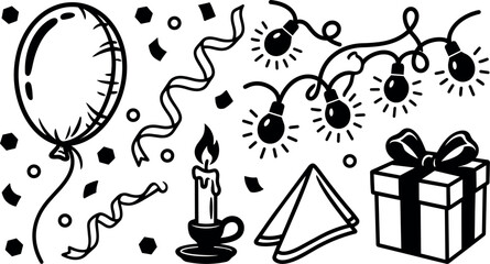 Line art party icon set with balloon gift candle napkin string lights confetti streamer hand drawn flat vector elements black