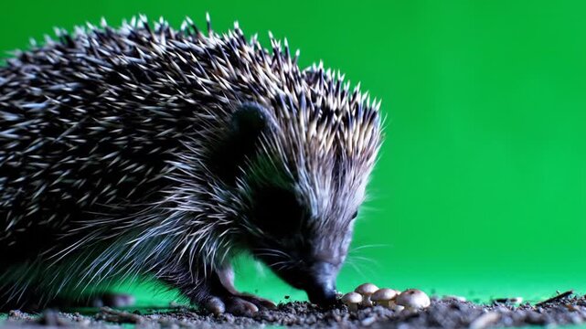 A small, spiny hedgehog with dark fur and light quills sniffs the ground against a vibrant green background.