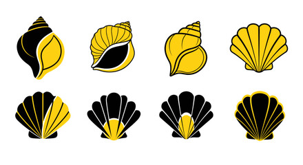 Set of stylized black and yellow seashells and scallops on white background © Saiful