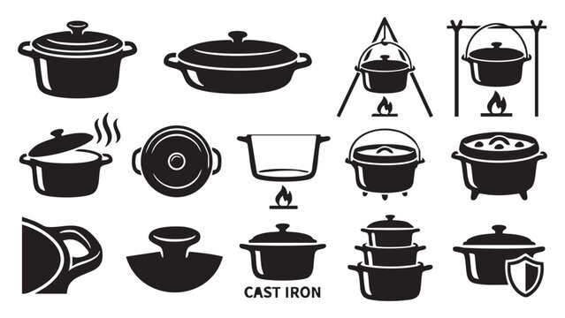 Set of black silhouette cast iron pot and dutch oven icon logo isolated on white background. for food cooking kitchen design concept. vector illustration.