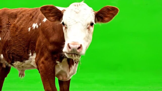 A brown and white cow with a white face stands in front of a bright green screen, looking directly at the viewer.