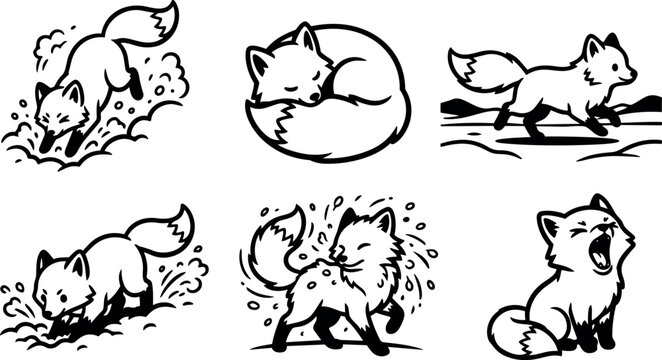 Line art playful fox set showing pouncing sleeping running digging shaking and yawning kits on white background curled tail closeup