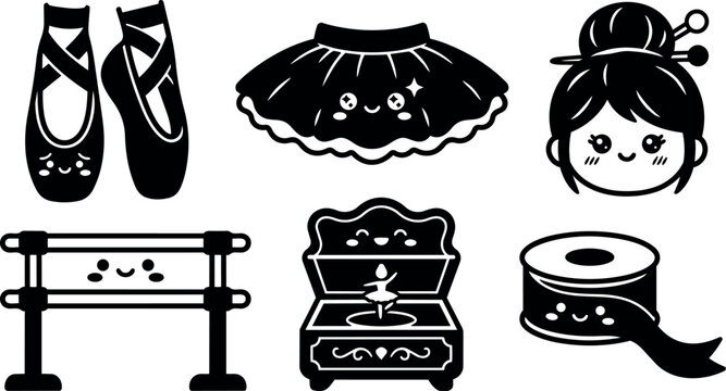 Kawaii flat vector ballet icons smiling ballet shoes tutu bun hair barre music box ribbon spool set in silhouette collection