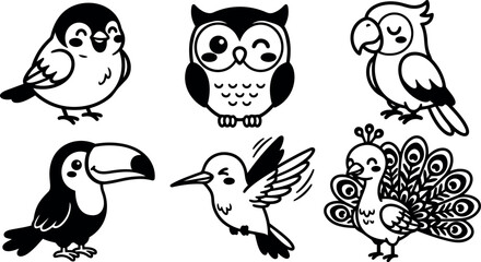 Fototapeta premium Cartoon line art six bird icons including owl peacock hummingbird toucan parrot sparrow playful flat composition black white vector set