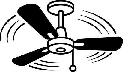 Flat line art ceiling fan with three blades hanging from ceiling viewed from below with pull cord motion simple modern