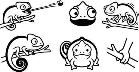 Obraz premium Line art cute chameleon icon set showing tongue catching insect curled tail branch poses playful vector sticker black outline minimal