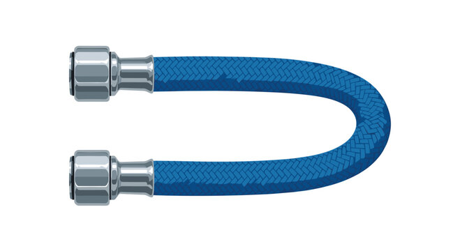 A single blue braided flexible hose, featuring shiny metallic connectors, is elegantly curved into a U-shape on a white background.