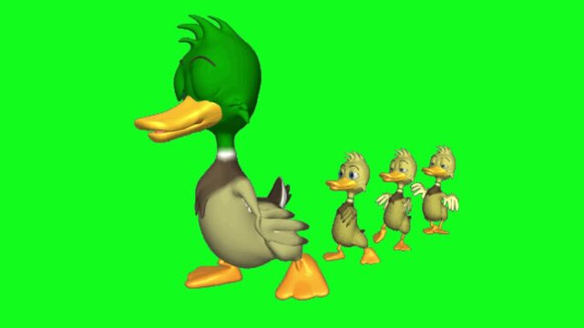 illustration of a cartoon duck, A charming animated cartoon of a duck family walking together on a green screen background, perfect for video editing and creative projects.