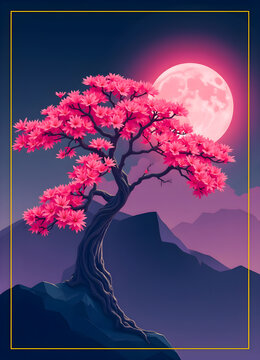 Enchanting pick moon illuminates a cherry blosom tree at night