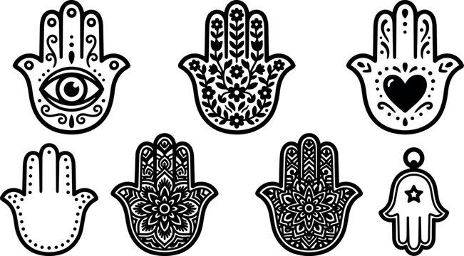 Line art hamsa hand icons set seven decorative palm symbols black and white vector flat ornamental mandala style close up