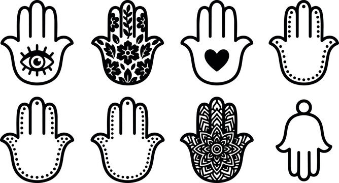 Line art hamsa hand icon set showing eight decorative palm symbols with mandala floral heart eye dotted vector outlines