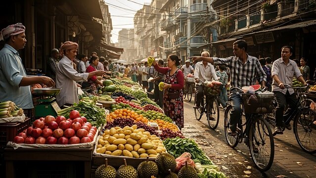 Bustling Outdoor Market Scene with Fresh Produce and People.