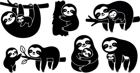 Fototapeta premium Flat design close up sloth family icons hugging climbing and resting on branches set of six playful silhouettes cute monochrome