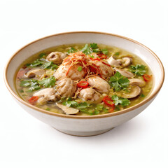 Fototapeta premium Chicken Meatball Mushroom Soup in Ceramic Bowl on White Background for Asian Restaurant Menu