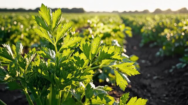 Fresh Celery Field at Sunset with Golden Light.