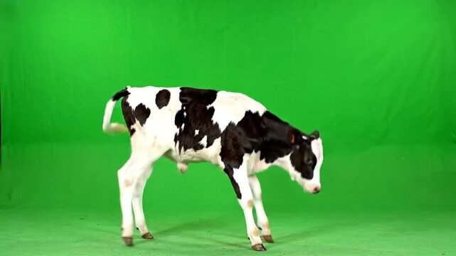 A young black and white calf standing on a green screen background, looking down.
