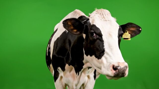 Black and white Holstein cow with an ear tag standing against a vibrant green screen background.