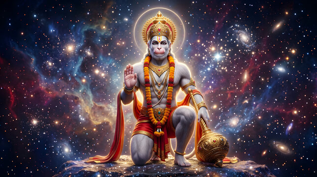 Vibrant digital art of lord hanuman kneeling with a gada, blessing devotees against a majestic cosmic galaxy for hanuman jayanti.
