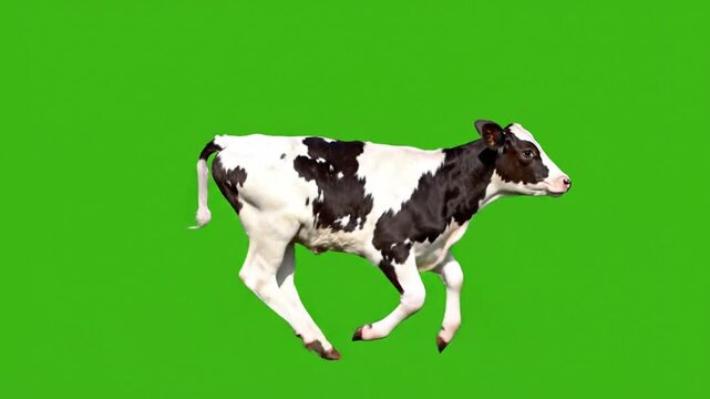 A young black and white calf running on a vibrant green screen background, showcasing its playful movement.