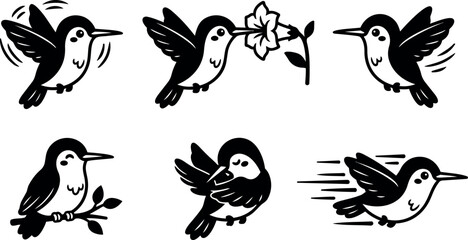 Fototapeta premium Tattoo flash hummingbird icon set six poses close up flying feeding perched fast motion simple black and white minimalist outline