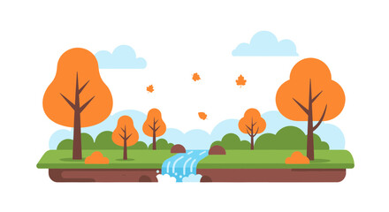 Fototapeta premium Autumn landscape with waterfall, orange trees, and falling leaves