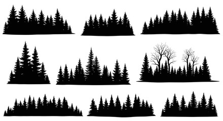Black Silhouette Evergreen Forest Landscape Vector Set © Saiful