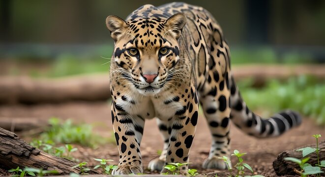A clouded leopard with distinctive spotted fur walks directly towards the camera in a natural habitat.