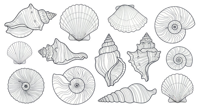Collection of Hand-Drawn Seashell Illustrations on White Background