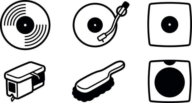 Line art top view vinyl record turntable tonearm cartridge sleeve cleaning brush icon set simple minimal black and white outline