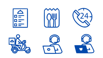 Minimal service icons including menu list, 24 hour support, scooter delivery, and online operator.